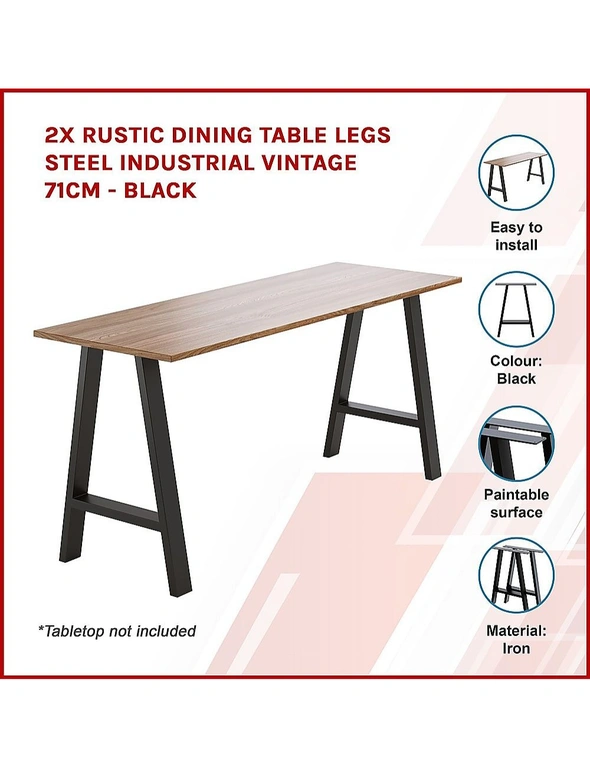 2x Rustic Dining Table Legs Steel Industrial Vintage 71cm - Black, hi-res image number null
