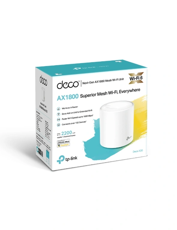 TP-LINK DecoDeco X20 1-packAX1800 Whole Home Mesh Wi-Fi 6 System, Up To 200 sqm Coverage, WIFI6, 1201Mbps @ 5Ghz, 574Mbps @ 2.4 GHz OFDMA, MU-MIMO, hi-res image number null
