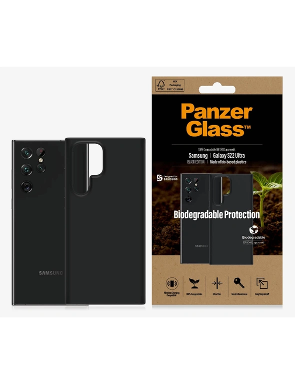 PANZER GLASS Biodegradable Case Samsung Galaxy S22 Ultra - Black 0376,  Military Grade Standard MIL-STD-810H, Wireless charging compatible