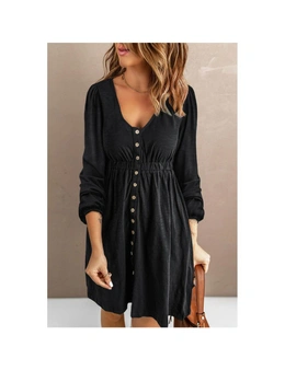 Azura Exchange Black Button Up High Waist Long Sleeve Dress