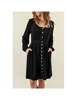 Azura Exchange Black Button Up High Waist Long Sleeve Dress