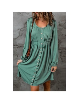 Azura Exchange Green Button Up High Waist Long Sleeve Dress
