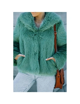 Azura Exchange Green Collared Side Pockets Winter Fuzzy Coat