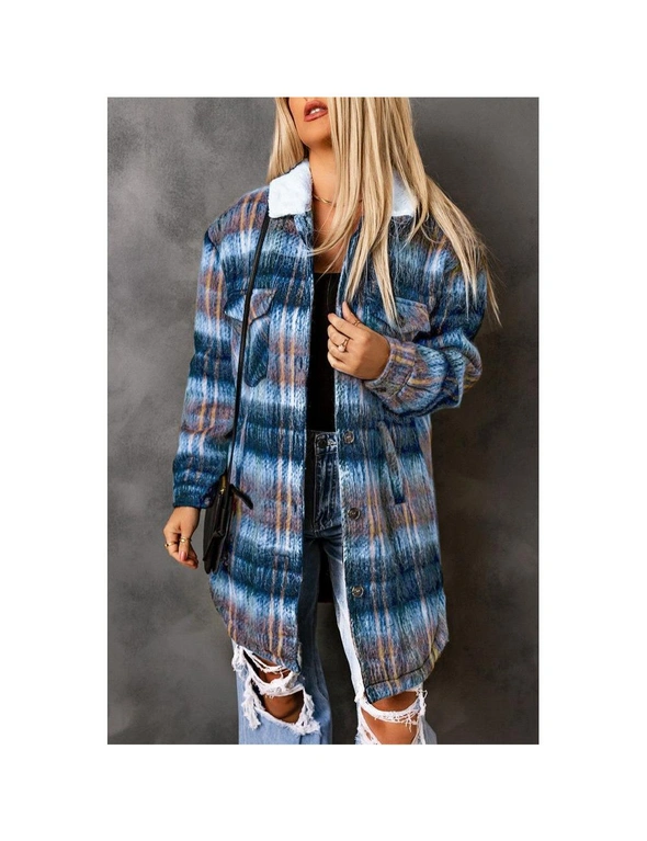 Azura Exchange Multicolor Woolen Lining Plaid Brushed Long Coat, hi-res image number null
