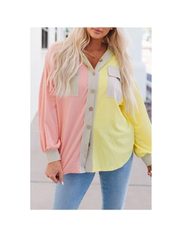 Azura Exchange Multicolor Color Block Pocketed Button Down Shirt Jacket with Hood
