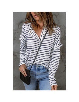 Azura Exchange White Striped Print Ruffled Buttoned Long Sleeve Top