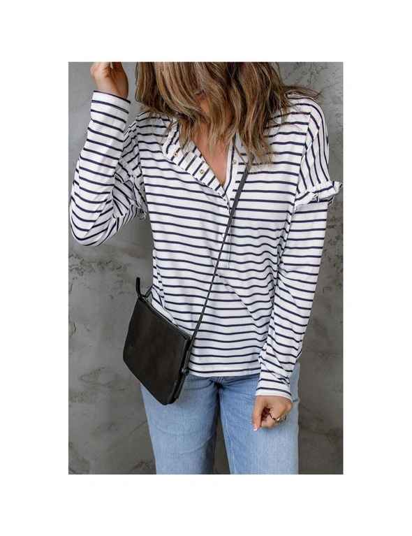 Azura Exchange White Striped Print Ruffled Buttoned Long Sleeve Top, hi-res image number null