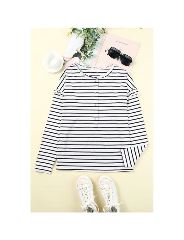 Azura Exchange White Striped Print Ruffled Buttoned Long Sleeve Top, hi-res image number null