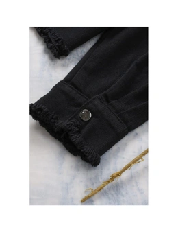 Azura Exchange Black Distressed Flap Pockets Frayed Hemline Denim Jacket