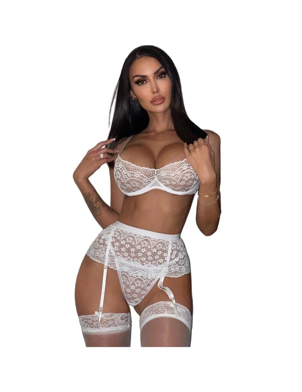 Azura Exchange White Sheer Lace Bra and Panty Set with Garter Belts
