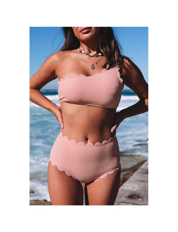 Azura Exchange Pink High Waist Scalloped Trim One Shoulder Bikini