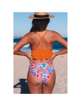 Azura Exchange Orange Floral Frill Bikini Set
