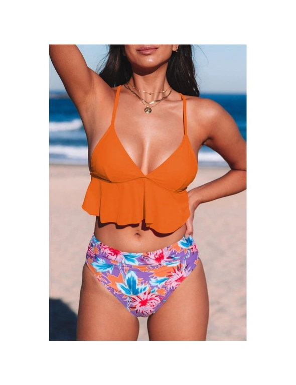 Azura Exchange Orange Floral Frill Bikini Set, hi-res image number null