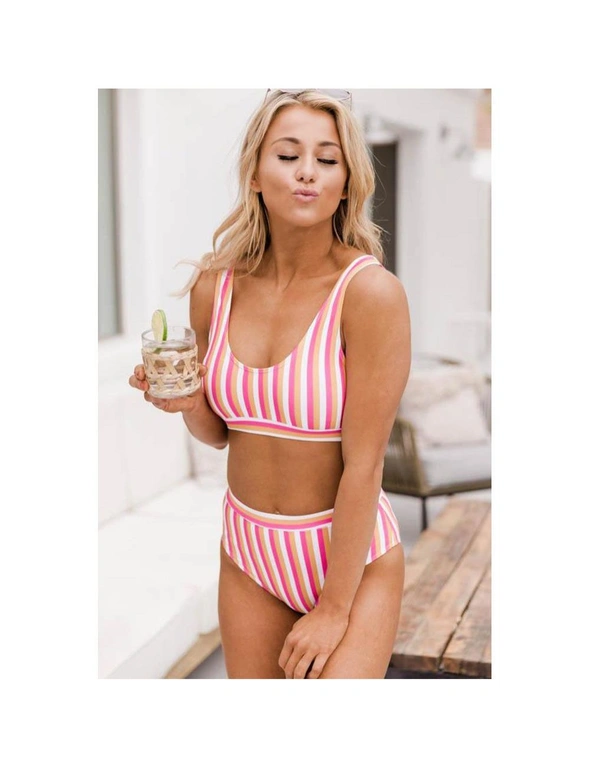 Azura Exchange Pink Striped Print U Neck Mid Waist Bikini Swimsuit