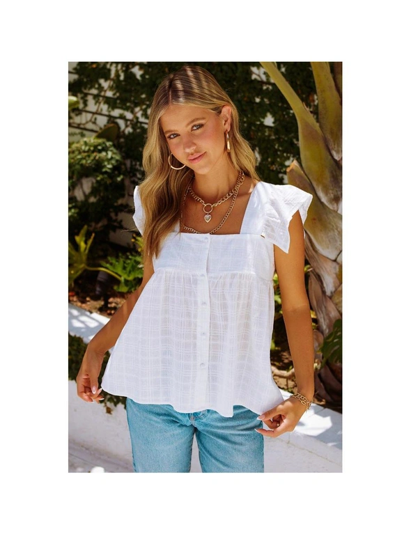 Azura Exchange White Puckered Texturing Ruffled Cap Sleeves Babydoll Top, hi-res image number null