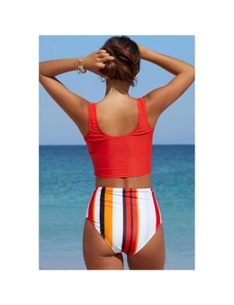 Azura Exchange Letter Rainbow Stripe Print Buttoned High Waist Tankini Swimsuit