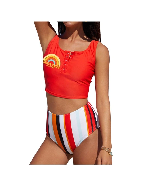 Azura Exchange Letter Rainbow Stripe Print Buttoned High Waist Tankini Swimsuit, hi-res image number null