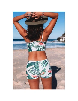 Azura Exchange Green Tropical Print Lace-up Ruffled Spaghetti Strap Bikini Set