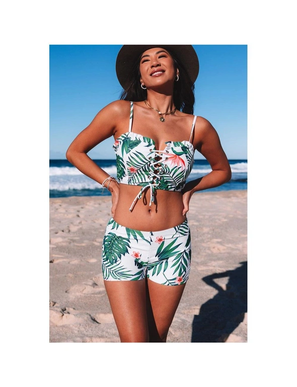 Azura Exchange Green Tropical Print Lace-up Ruffled Spaghetti Strap Bikini Set, hi-res image number null