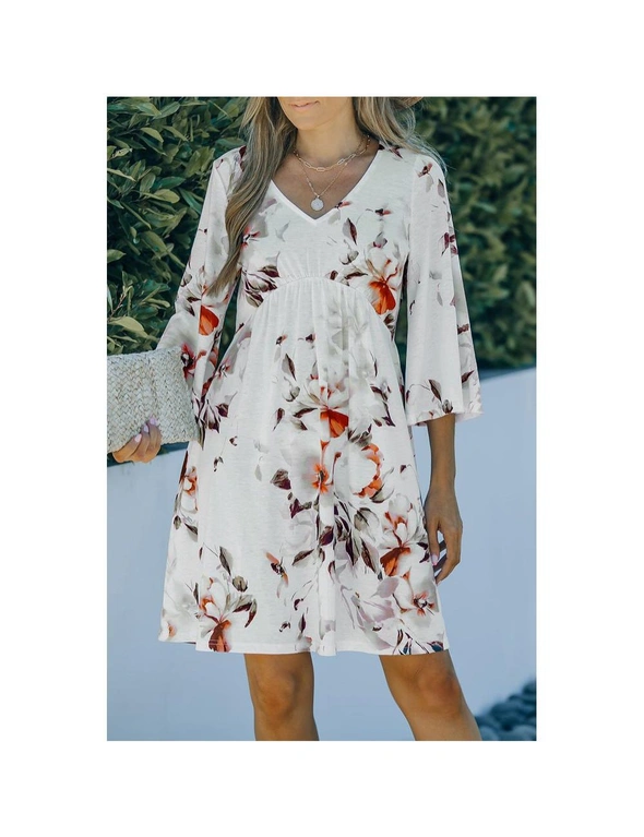 Azura Exchange White V Neck 3/4 Sleeve Floral Dress, hi-res image number null