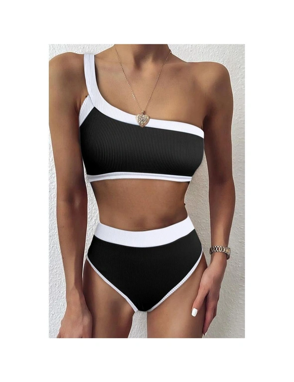Azura Exchange Black One Shoulder Patchwork High-waisted Bikini Set, hi-res image number null