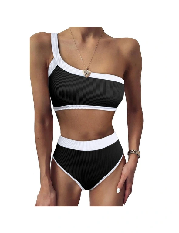 Azura Exchange Black One Shoulder Patchwork High-waisted Bikini Set, hi-res image number null