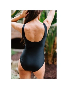 Azura Exchange Black Leaves Splicing Ruched Front Open Back One-piece Swimsuit