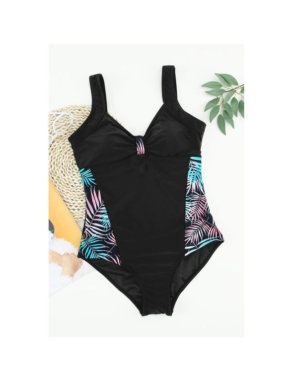 Azura Exchange Black Leaves Splicing Ruched Front Open Back One-piece Swimsuit, hi-res image number null