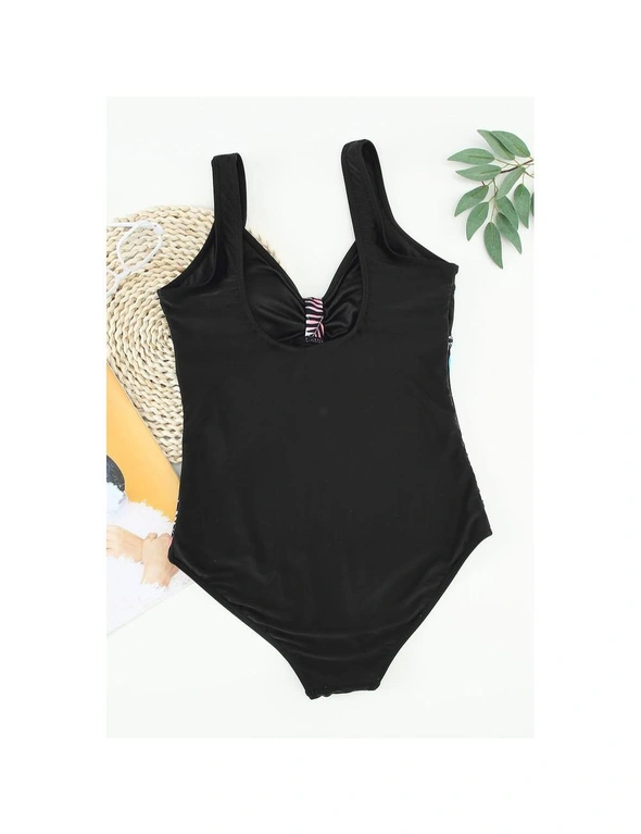 Azura Exchange Black Leaves Splicing Ruched Front Open Back One-piece Swimsuit, hi-res image number null