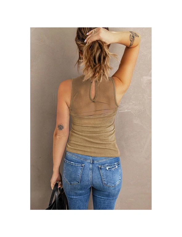 Azura Exchange Khaki Strappy Mesh Splicing Ribbed Tank Top, hi-res image number null