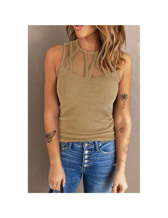 Azura Exchange Khaki Strappy Mesh Splicing Ribbed Tank Top, hi-res image number null