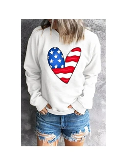 Azura Exchange White US Flag Heart Print Long Sleeve Pullover Sweatshirt
