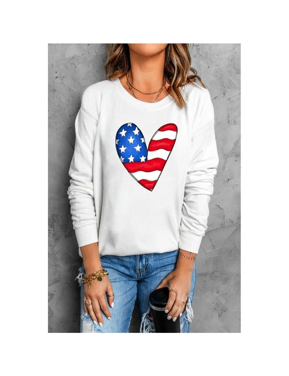 Azura Exchange White US Flag Heart Print Long Sleeve Pullover Sweatshirt, hi-res image number null