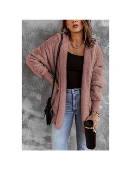 Azura Exchange Pink Soft Fleece Hooded Open Front Coat