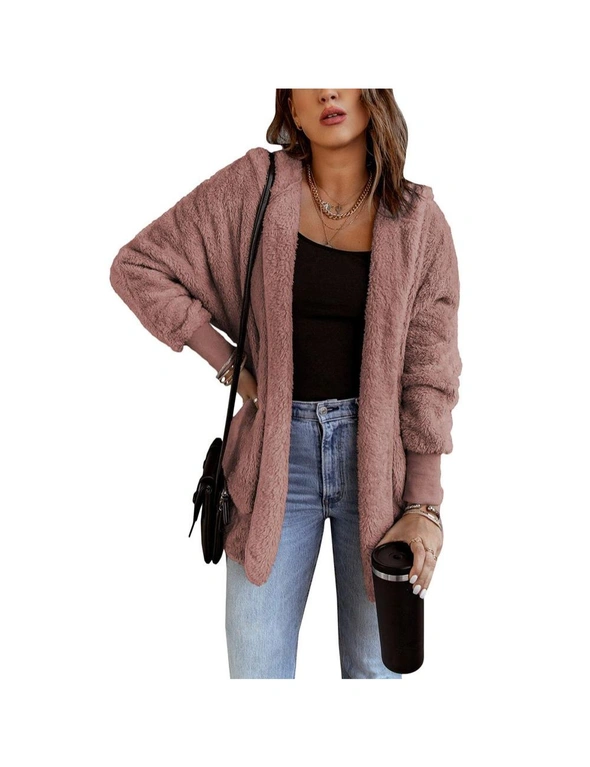 Azura Exchange Pink Soft Fleece Hooded Open Front Coat, hi-res image number null