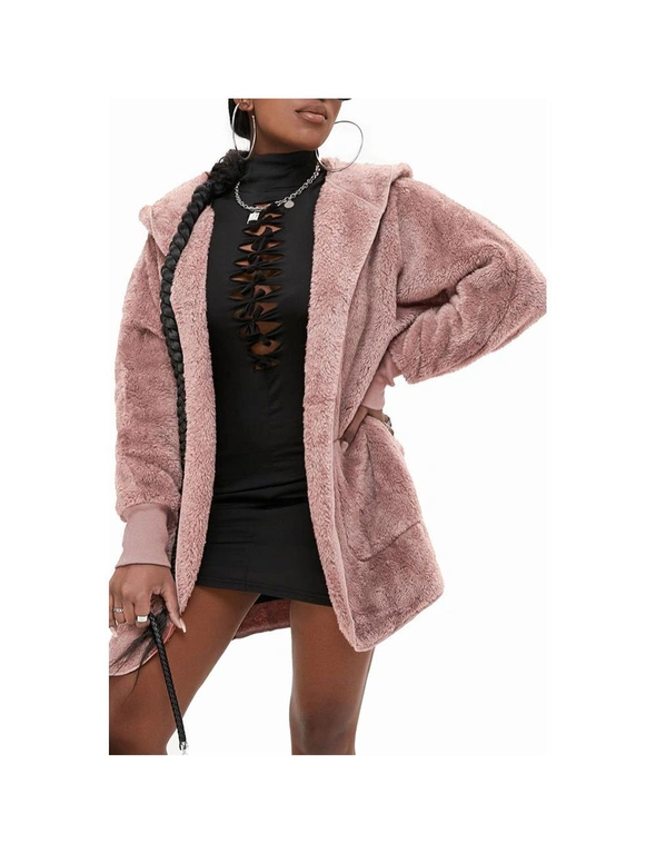 Azura Exchange Pink Soft Fleece Hooded Open Front Coat, hi-res image number null
