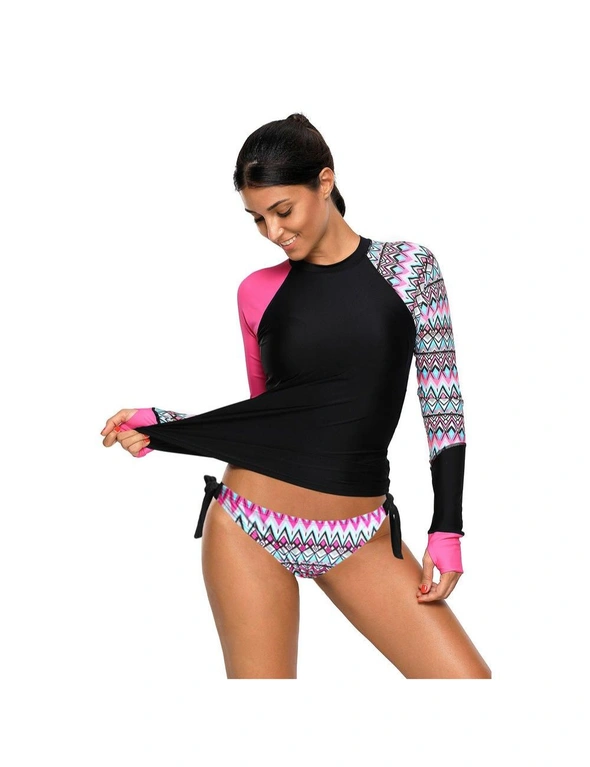 Azura Exchange Contrast Rosy Detail Long Sleeve Tankini Swimsuit, hi-res image number null