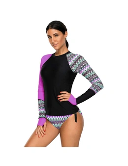 Azura Exchange Contrast Purple Detail Long Sleeve Tankini Swimsuit
