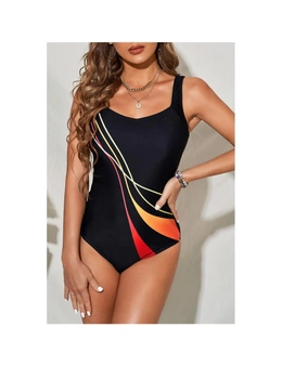 Azura Exchange Black Striped Pattern Print Sleeveless One-piece Swimsuit