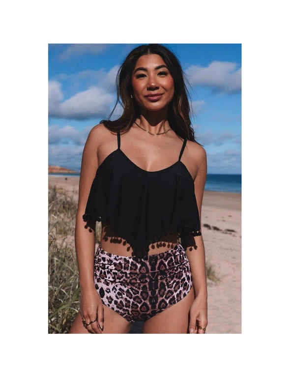 Azura Exchange Black Pom Pom Trim Leopard High Waist Bikini Swimsuit, hi-res image number null