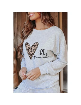 Azura Exchange Gray BE Kind Leopard Heart Graphic Pullover and Joggers Lounge Set
