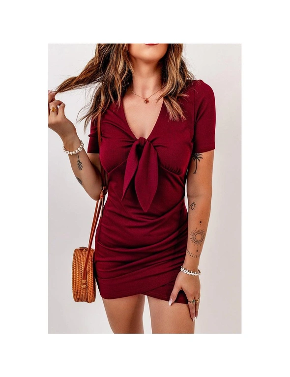 Azura Exchange Red Ruched Front Knot Bodycon Mini Dress, hi-res image number null
