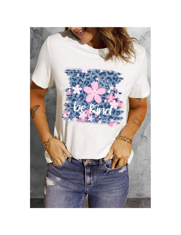 Azura Exchange White Be Kind Cherry Blossoms Leopard Print Short Sleeve T Shirt, hi-res image number null