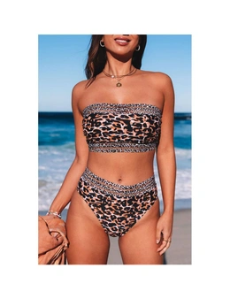 Azura Exchange Leopard Leopard Print Bandeau Webbing High Waist Sexy Bikini Swimsuit