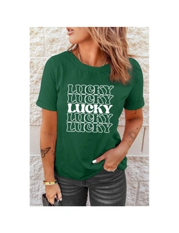 Azura Exchange Green LUCKY Letter Print Short Sleeve Graphic T-shirt