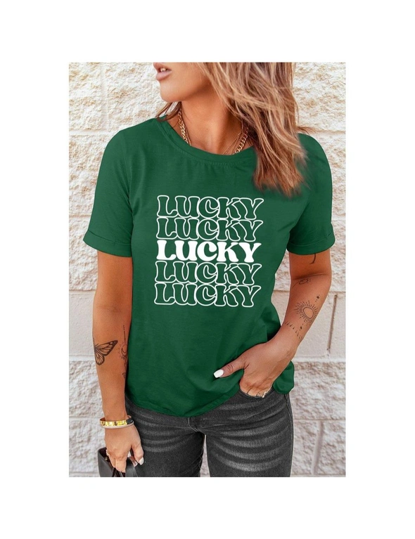 Azura Exchange Green LUCKY Letter Print Short Sleeve Graphic T-shirt, hi-res image number null