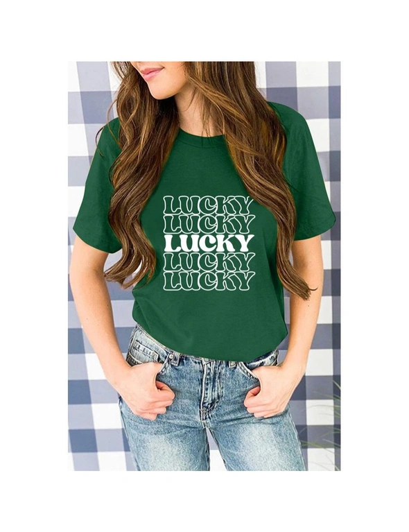 Azura Exchange Green LUCKY Letter Print Short Sleeve Graphic T-shirt, hi-res image number null