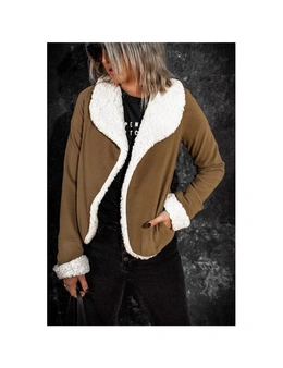Azura Exchange Brown Lapel Collar Fleece Open Front Coat