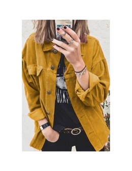 Azura Exchange Yellow Corduroy Long Sleeve Button-up Shirt Coat