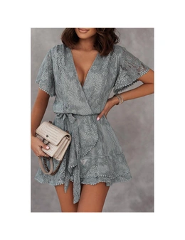 Azura Exchange Gray Flutter Sleeve Wrap V Neck Floral Lace Short Dress